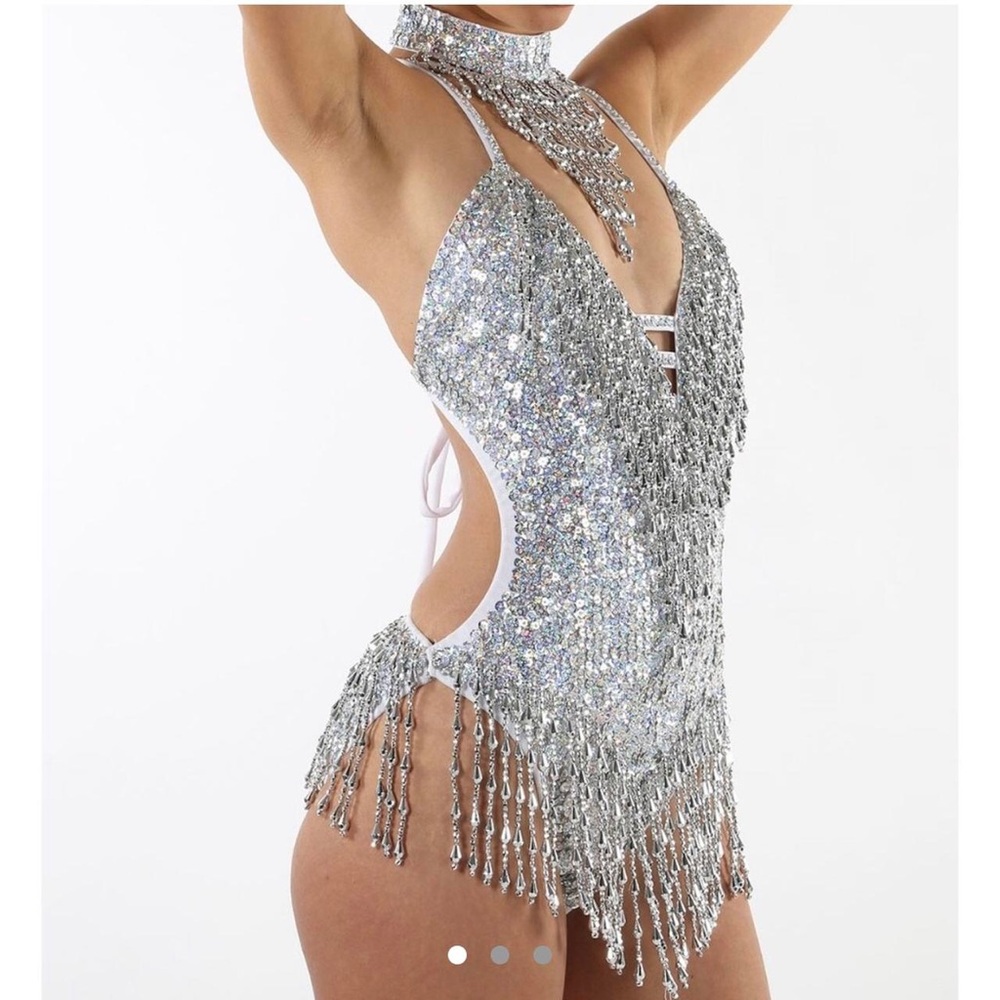 Silver Sequin Halter Bodysuit - image 1